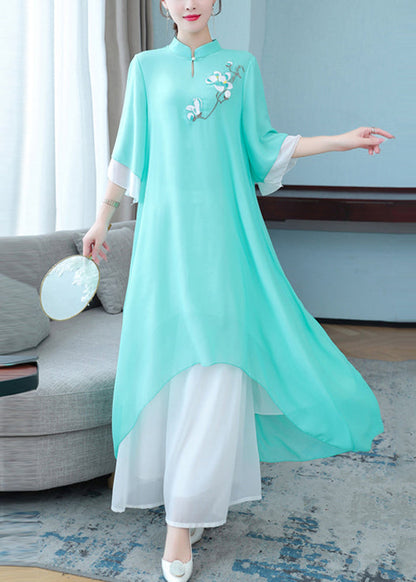 peopleterritory New Purple Stand Collar Embroidered Chiffon Two Pieces Set Half Sleeve OP1004