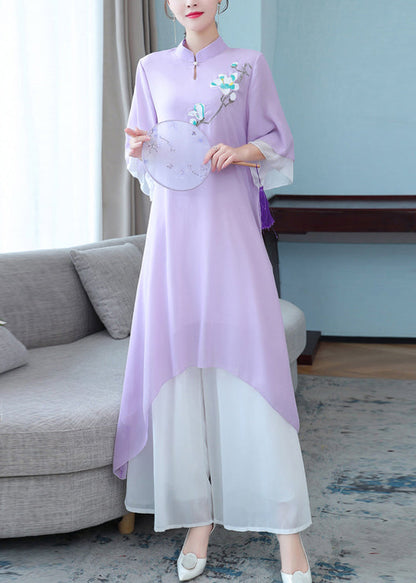 peopleterritory New Purple Stand Collar Embroidered Chiffon Two Pieces Set Half Sleeve OP1004