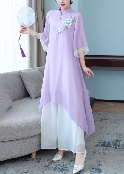 peopleterritory New Purple Stand Collar Embroidered Chiffon Two Pieces Set Half Sleeve OP1004