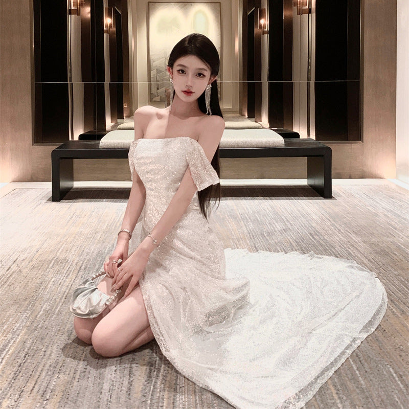 2025 Light wedding dress one-word shoulder temperament light luxury Mori super fairy travel photography bright and slim fishtail banquet birthday dress skirt