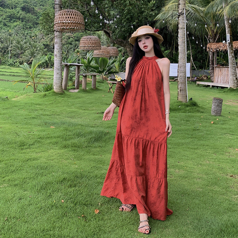 2025 New Chinese beautiful red sleeveless neck dress women's summer temperament high-end seaside vacation beach dress