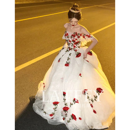 2025 Rose engagement evening dress dress women's high-end light luxury niche art test solo birthday princess dress bride going out wedding dress