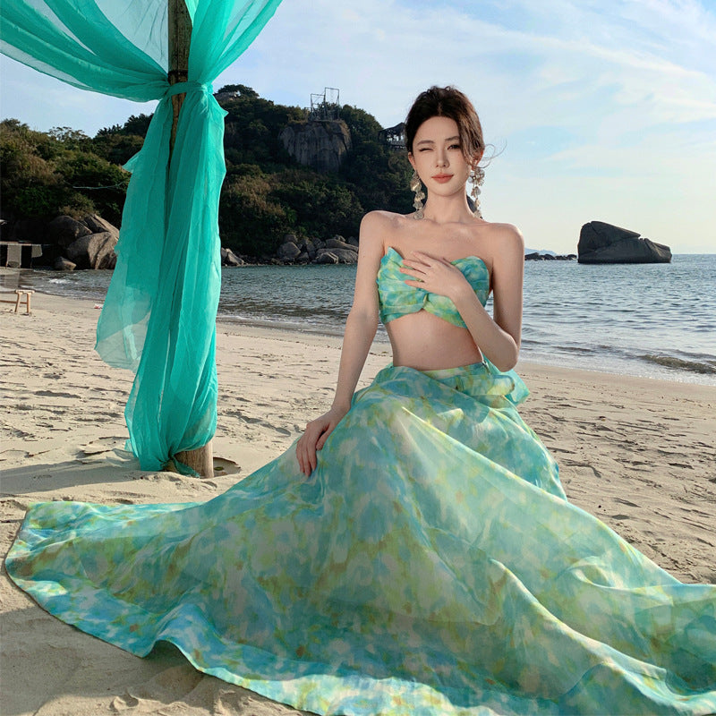 2025 Dopamine Island Wear Super Fairy Suit Female Summer Beautiful Green Printed Dress Vacation Wind Travel Skirt