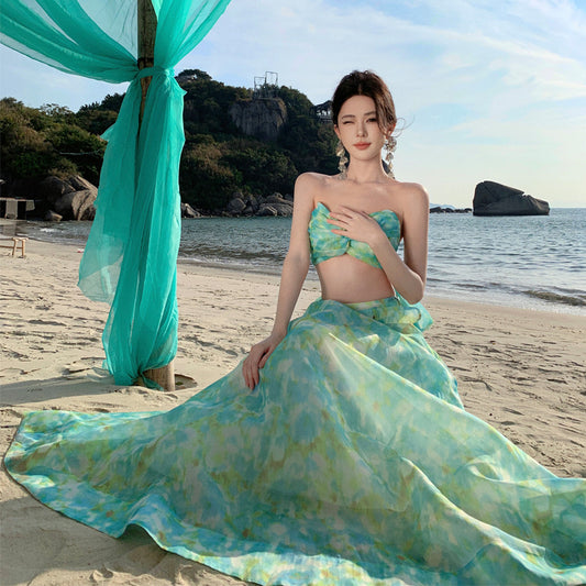 2025 Dopamine Island Wear Super Fairy Suit Female Summer Beautiful Green Printed Dress Vacation Wind Travel Skirt