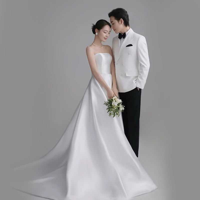 2025 satin wedding dress  new bride simple atmosphere tube top door yarn premium welcome dress light trailing