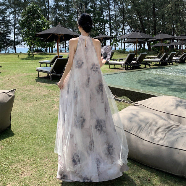 2025 New Chinese-style smudged neck dress women's summer morning robe  vacation seaside photo super beautiful beach dress