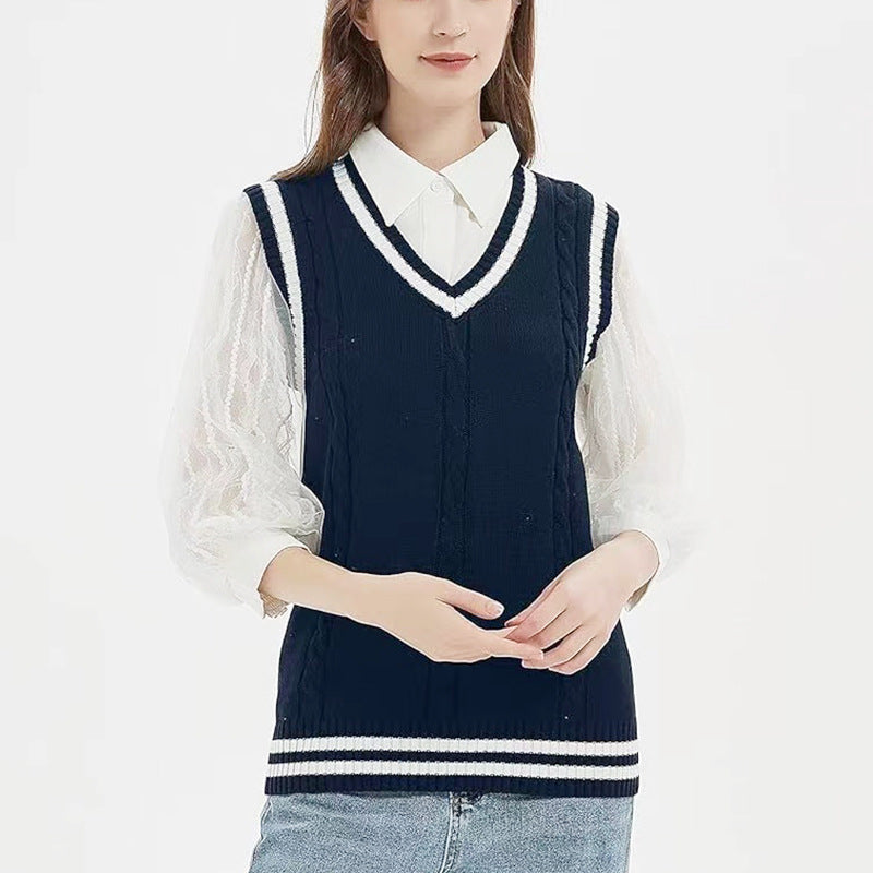 Autumn and winter V-neck twist intercolor vest college British style knitted vest striped splicing school uniform sweater knitted sweater