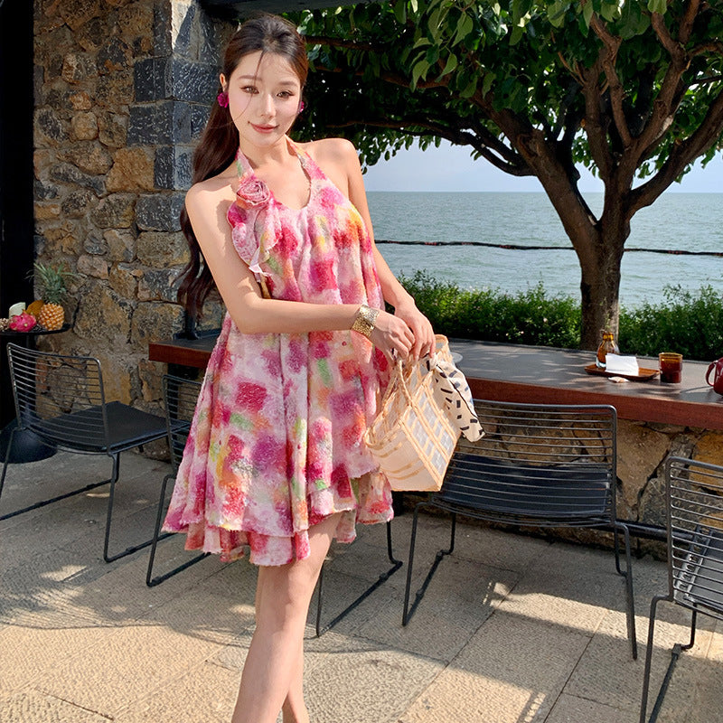 2025 sweet smudge print neck halter dress women's summer small seaside vacation a word big swing skirt