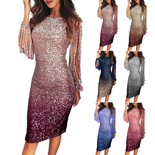 2024  Europe and America Cross Border Best Selling Women's Clothes Evening Dress Tassel Long Sleeve Gradient Sequined Dinner Party Dress