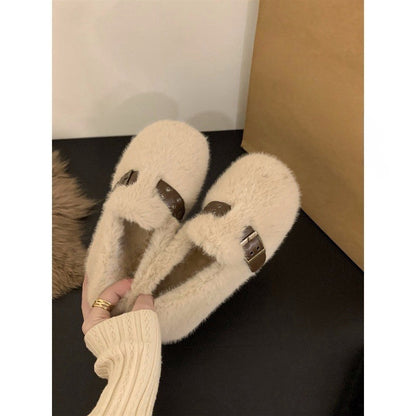 2025 Flat-bottomed plush Doudou shoes plush single shoes women's shoes popular new autumn and winter outer wear soft-soled cotton shoes fluffy shoes