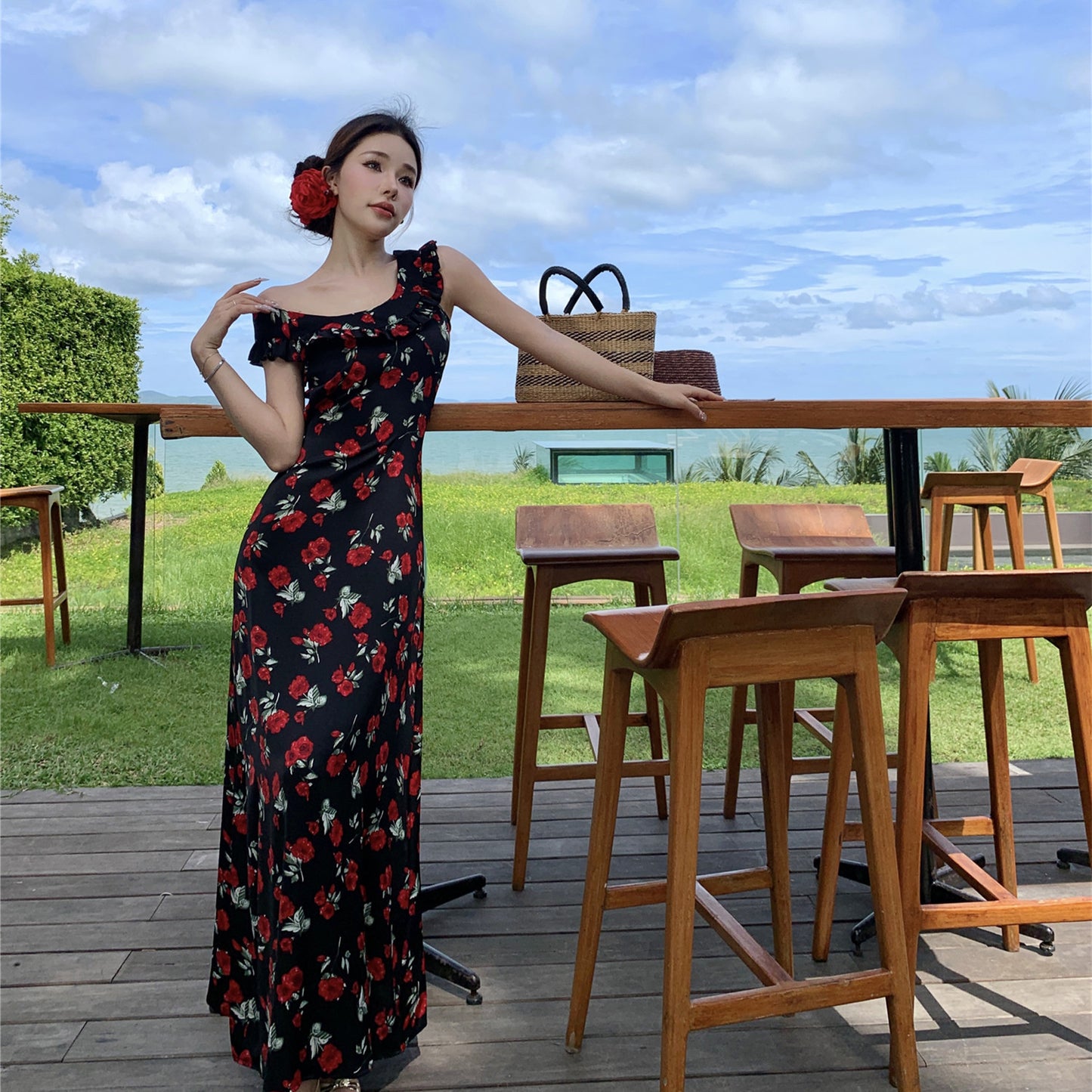 2025 Coffee break  retro rose floral suspender dress women's summer high-end temperament seaside vacation long skirt