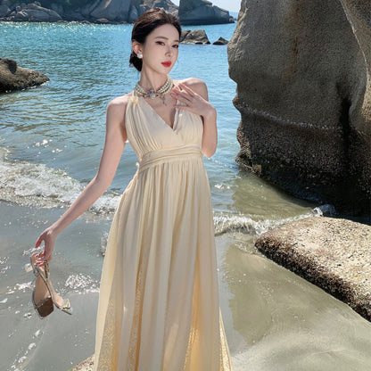 2025 Sanya seaside photo skirt atmosphere beautiful lace neck halter v-neck dress vacation beach skirt summer