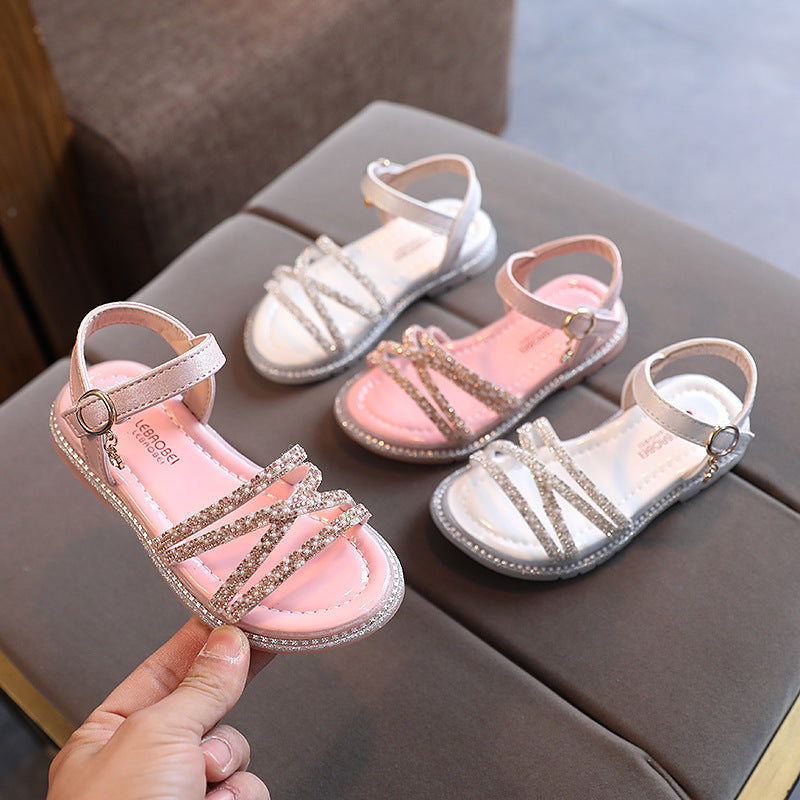 STOREXQ Girls' Sandals  Korean Style New Fashion Little Girl Sandals Rhinestone Princess Shoes Soft Bottom Children's Beach Shoes