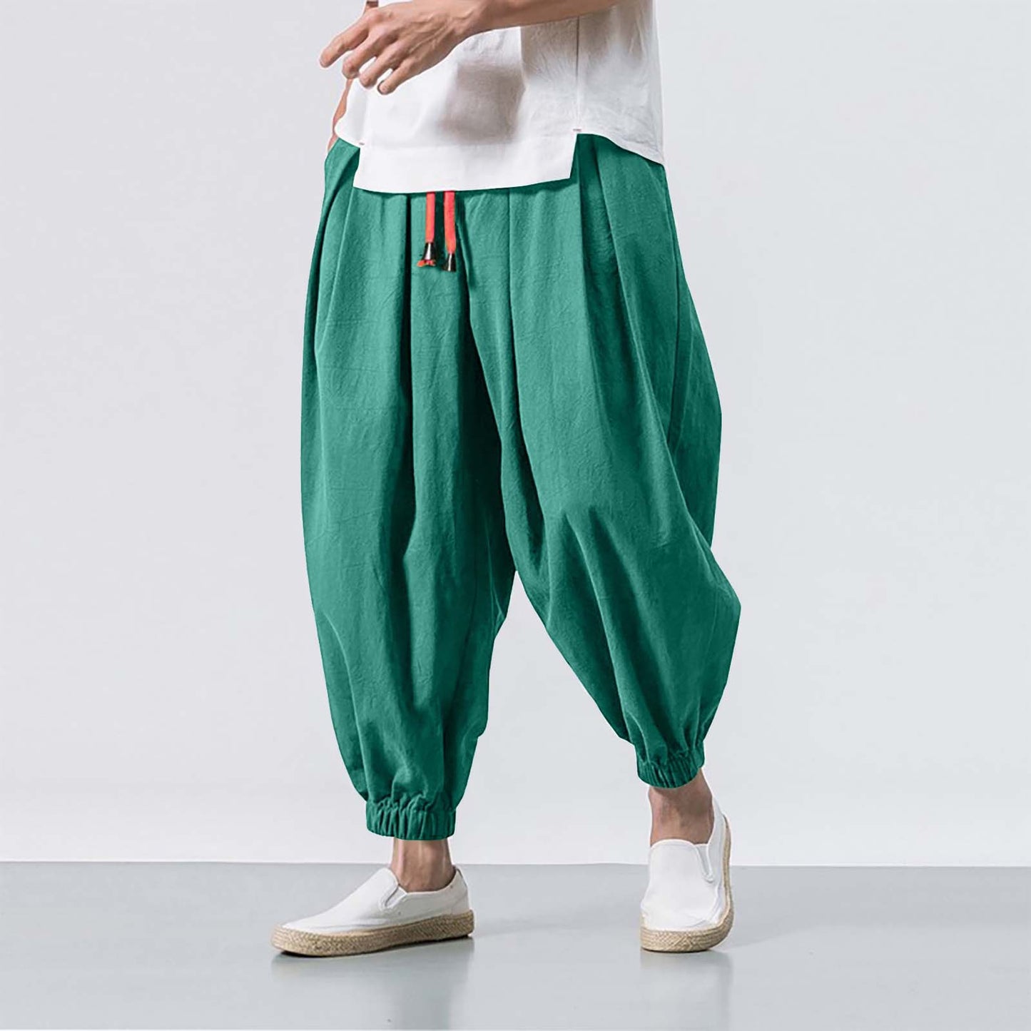 Chinese Style Japanese Style Linen Casual Pants Men's Cropped Loose Wide Leg Ankle-Tied Fat Fashion Brand plus-Sized plus Size Harem Pants