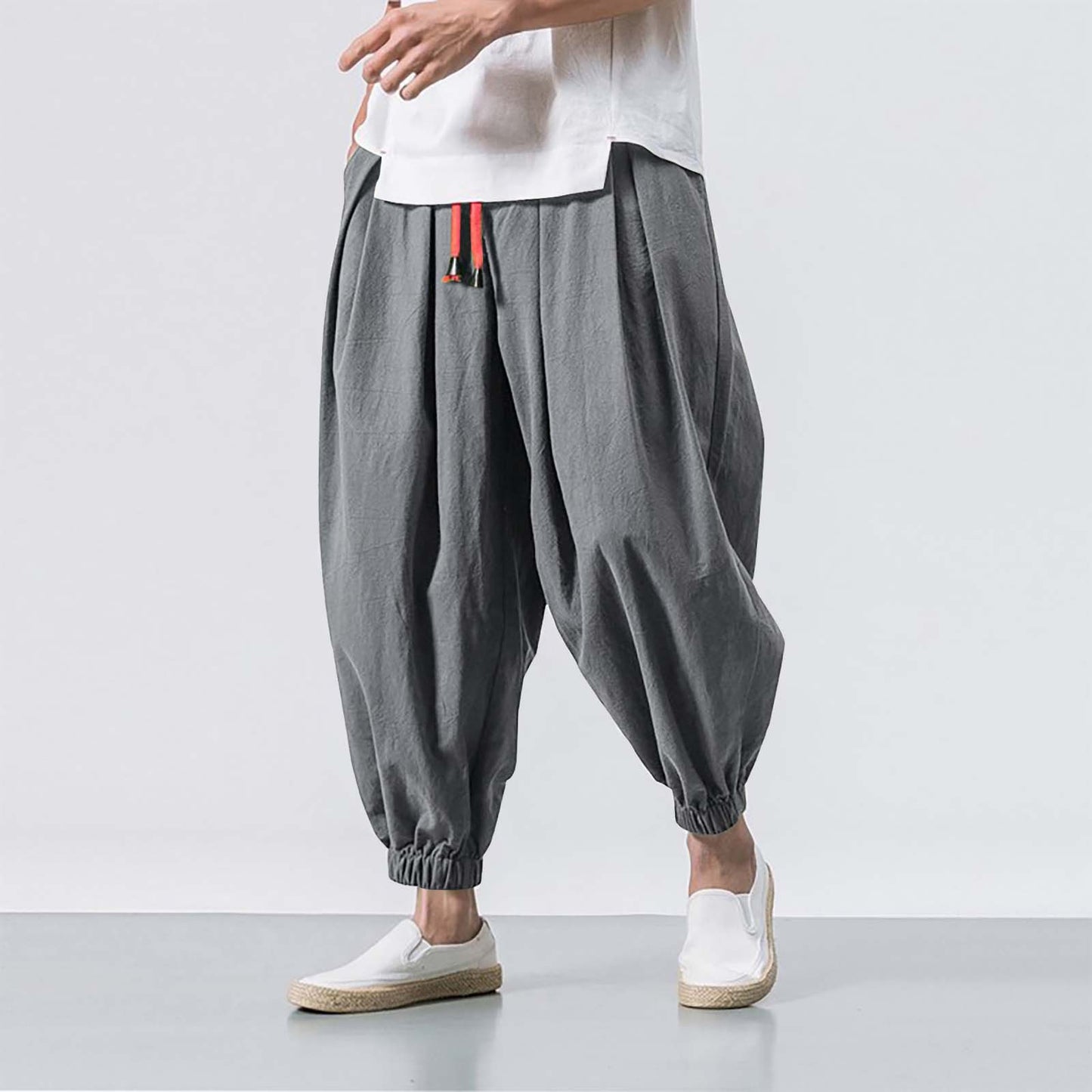 Chinese Style Japanese Style Linen Casual Pants Men's Cropped Loose Wide Leg Ankle-Tied Fat Fashion Brand plus-Sized plus Size Harem Pants