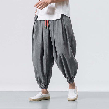 Chinese Style Japanese Style Linen Casual Pants Men's Cropped Loose Wide Leg Ankle-Tied Fat Fashion Brand plus-Sized plus Size Harem Pants