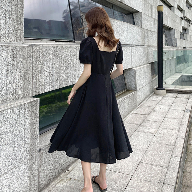 STOREXQ INS Hepburn Black Dress Women's Summer  New Square Collar  Retro Hepburn Style Temperament Long Dress