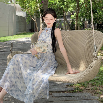 2025 Blue floral temperament off-the-shoulder stand-up collar printed ruffle edge dress neck long dress seaside vacation wind beach dress