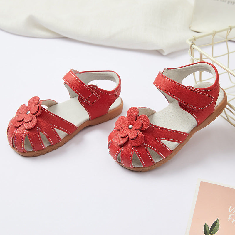 STOREXQ Girls' Closed-Toe Flower Sandals Summer Soft Soled Princess Shoes Classic Cross-Border Leather Children's Shoes