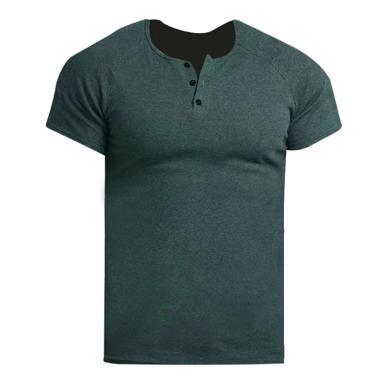 Coarse Thread 230G Cotton Heavy Henley Shirt  Cross-Border Men's T-shirt Solid Color Men's Retro Summer Short Sleeve Fitness