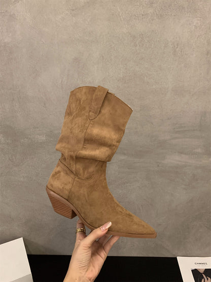 2025 High Heel Brown V-mouth Skinny Medium Knight Boots Women's Shoes popular Spring Autumn Winter Retro Suede Western Cowboy Boots