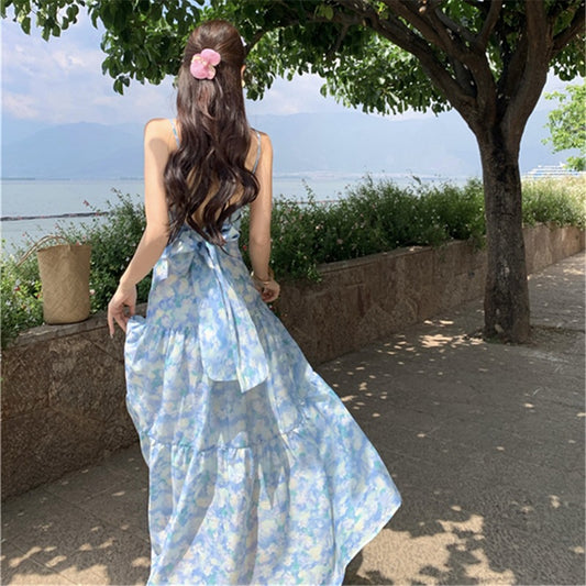 2025 Seaside travel photo floral suspender A-shaped dress spring and summer  vacation style thin waist long skirt