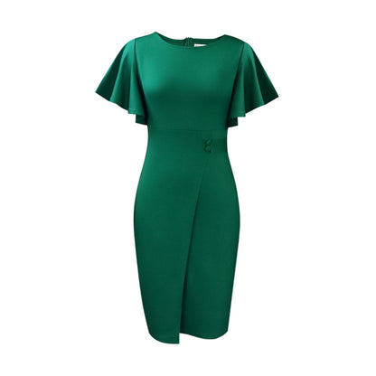 2025 D311 Popular trade women's clothing popular summer new solid color high waist temperament commuter lotus leaf sleeve office 2025 dress