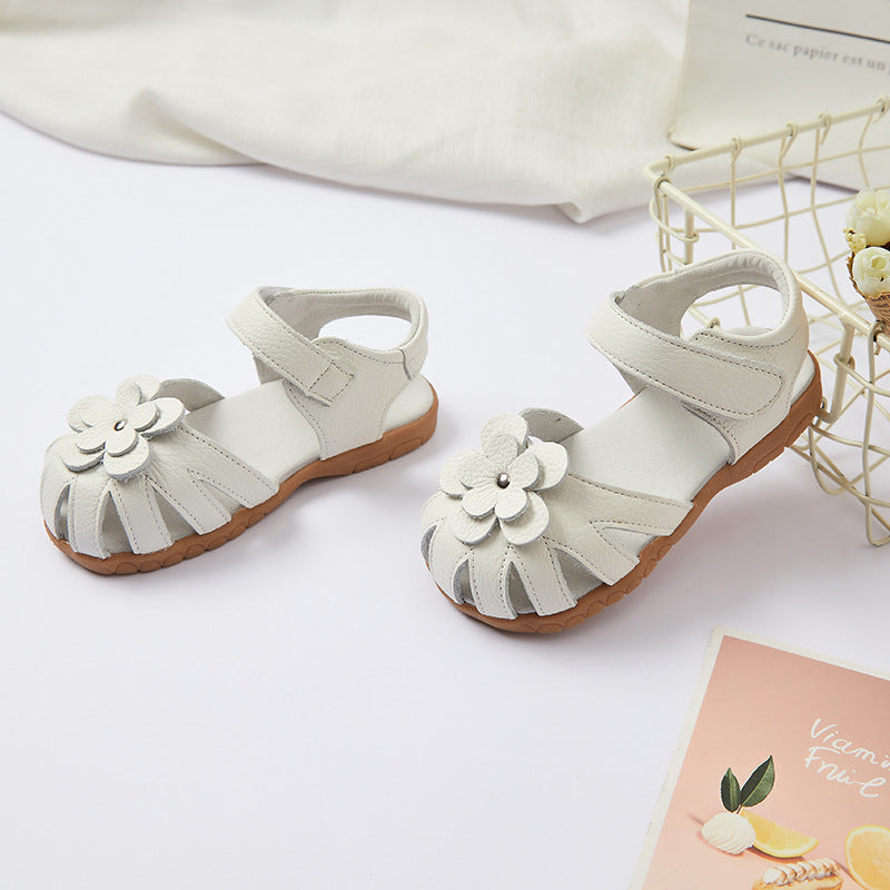 STOREXQ Girls' Closed-Toe Flower Sandals Summer Soft Soled Princess Shoes Classic Cross-Border Leather Children's Shoes