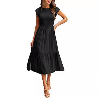 STOREXQ European and American Foreign Trade Cross-Border Women's Clothing  Popular Pinfei Flounced Sleeve Pleating Layered Short Sleeve Large Swing Dress Women