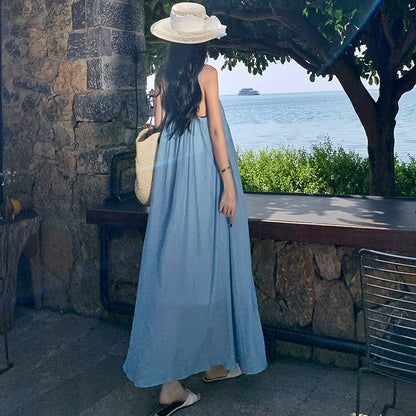 2025 Thailand travel photo suspender long dress seaside vacation loose backless blue dress women's summer beach dress