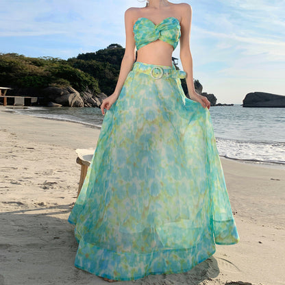 2025 Dopamine Island Wear Super Fairy Suit Female Summer Beautiful Green Printed Dress Vacation Wind Travel Skirt