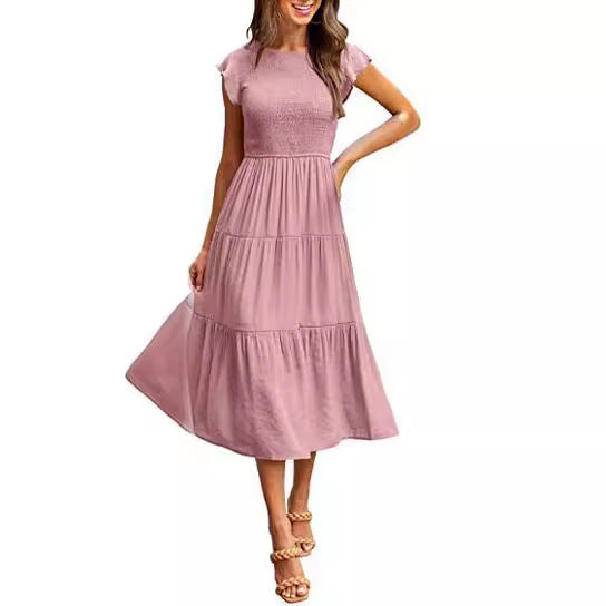 STOREXQ European and American Foreign Trade Cross-Border Women's Clothing  Popular Pinfei Flounced Sleeve Pleating Layered Short Sleeve Large Swing Dress Women