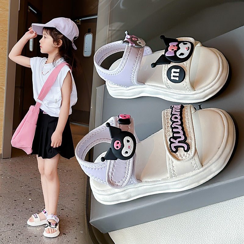 STOREXQ Trendy Cool Girl's Black Clow M Roman Sandals Summer New Children's All-Match Fashionable Cartoon Beach Shoes