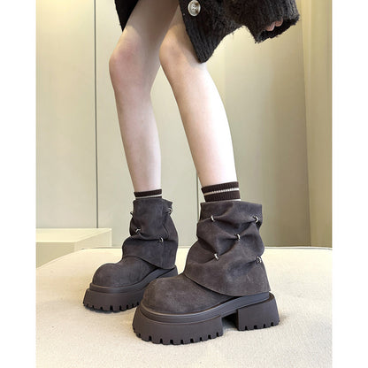 2025 Thick sole heightening thick heel big head matte pile short boots women's British style popular autumn new fashion boots