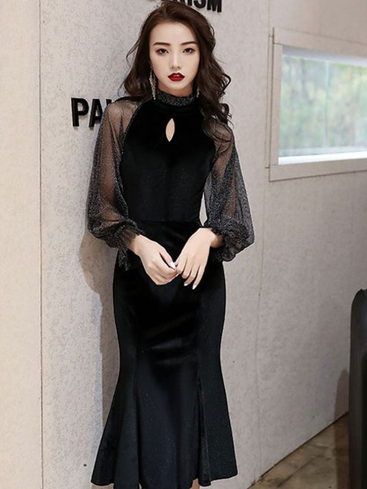 Evening Dress Women's Banquet Elegant Graceful Fishtail Gold Velvet Mesh Long Sleeve Host Annual Meeting Mid-Length Dress