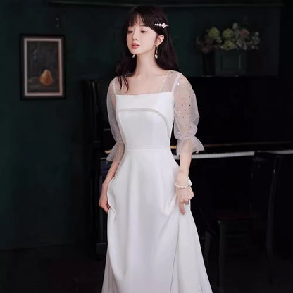 2025 White evening dress female banquet temperament can usually wear high-end light luxury niche  dress small bridesmaid clothes