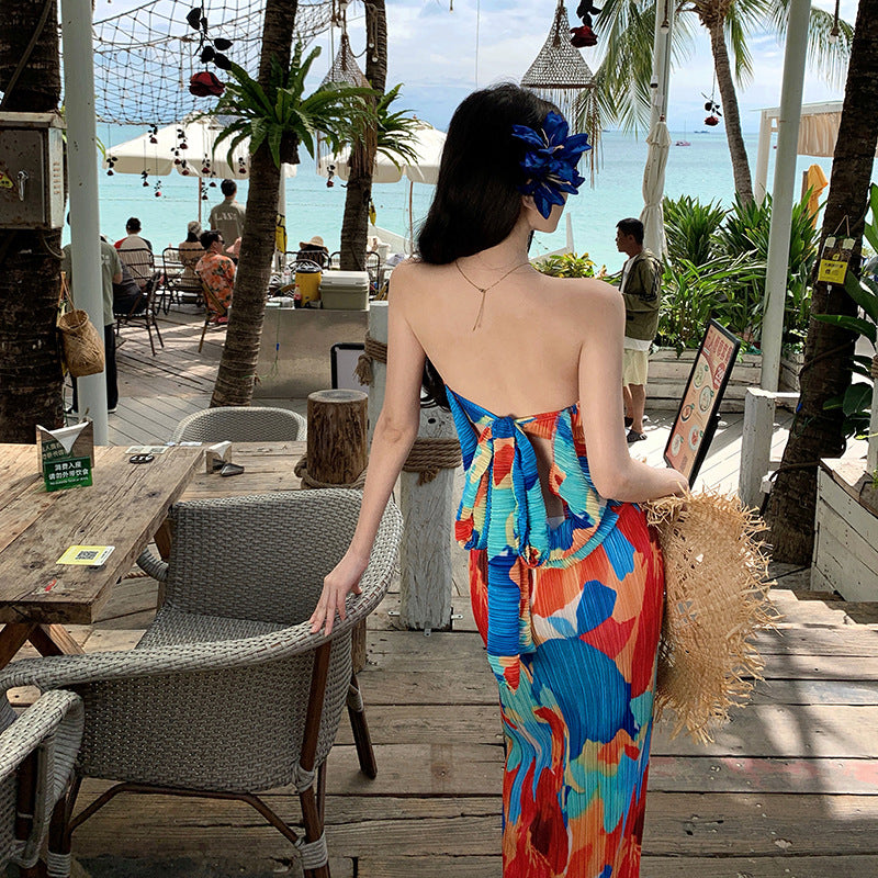 2025 Dopamine seaside vacation wear print tube top dress summer sexy royal sister temperament slim-fitting hip-wrapped dress