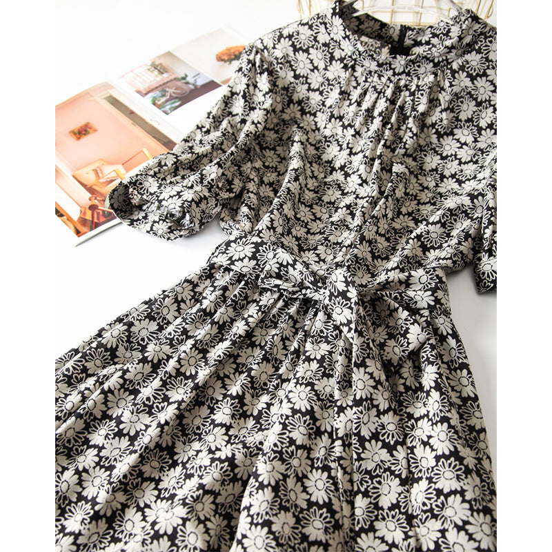 2025 Daisy floral silk dress  summer new women's clothing bubble sleeves floral medium and long mulberry silk skirt