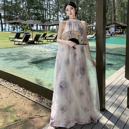 2025 New Chinese-style smudged neck dress women's summer morning robe  vacation seaside photo super beautiful beach dress