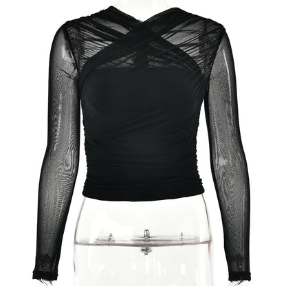 2025 New  hot-selling new sexy fashion Spice Girls mesh splicing zipper perspective long-sleeved short top