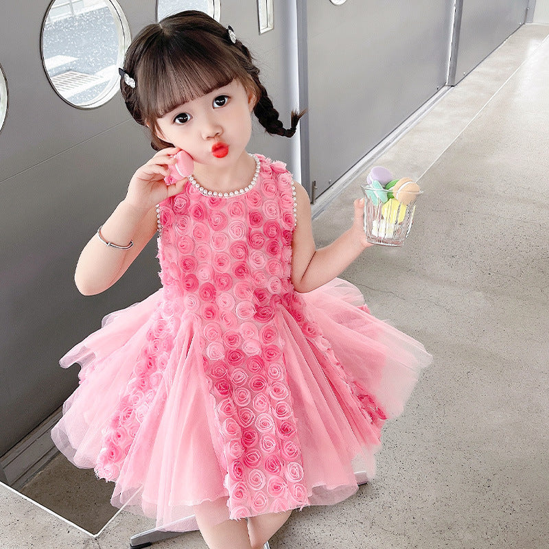 Girl's Rose Petals Princess Dress Summer Dress  New Children's Vest Dress Little Girl Trendy Mesh Dress