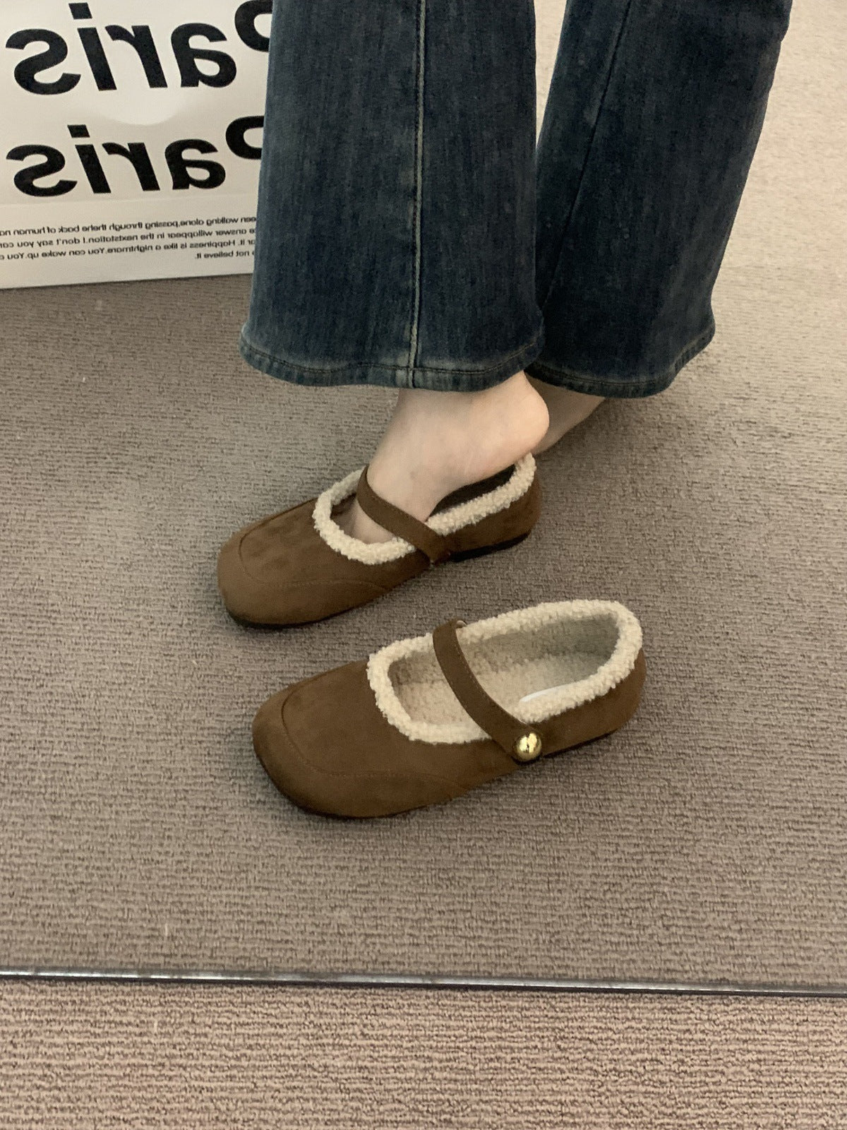 2025 Late evening wind retro brown thick-soled velvet Mary Jane shoes autumn and winter ugly cute fluffy shoes suede warm beanie cotton shoes