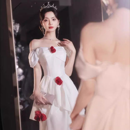 2025 White Evening Dress Sexy Celebrity Light Luxury Niche High-end Rose Flower Birthday Premium Dress Bar Mitzvah