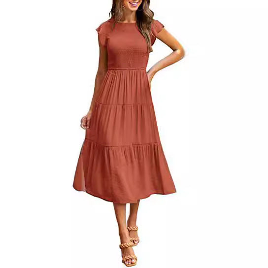 STOREXQ European and American Foreign Trade Cross-Border Women's Clothing  Popular Pinfei Flounced Sleeve Pleating Layered Short Sleeve Large Swing Dress Women