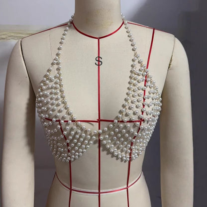 2025 LH4703 new pearl beaded chest chain body chain  New fashion sexy necklace metal gold real shot