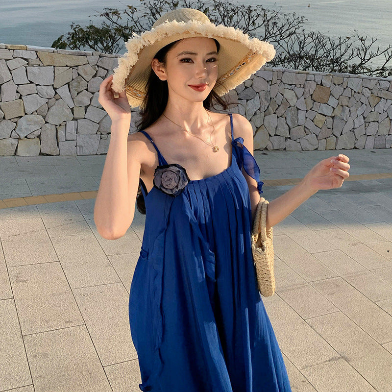 2025 Seaside film wear blue suspender dress children summer 2025 new high-end vacation beach dress