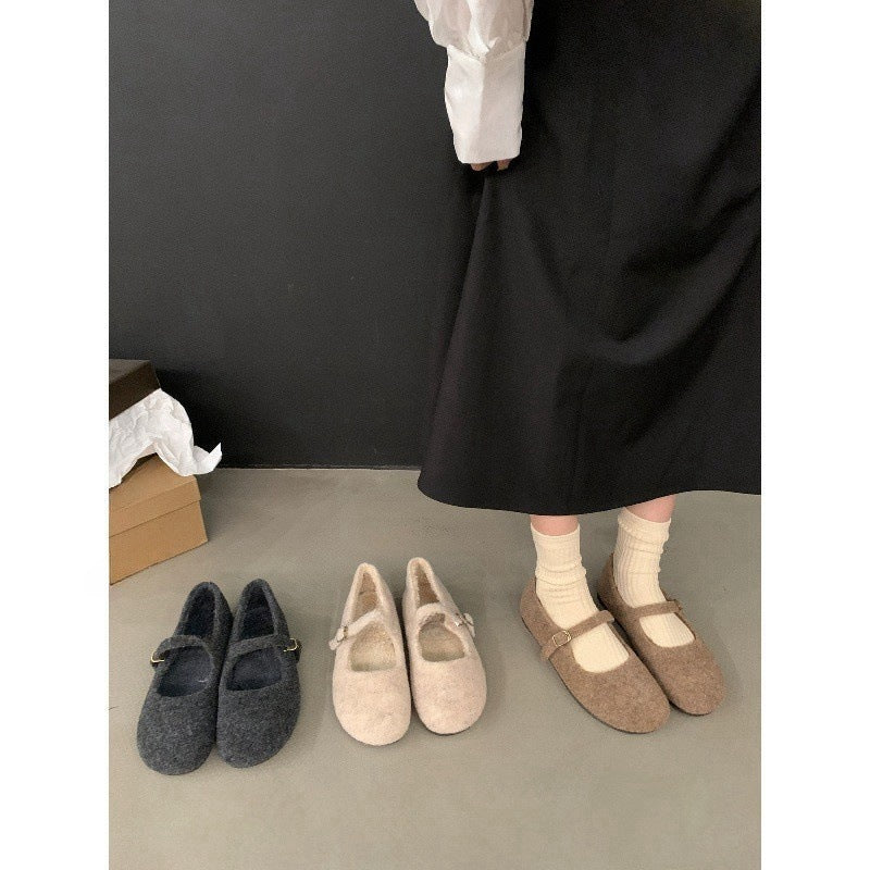 2025 Xiaoxiangfeng fluffy shoes female flat Mary Jane velvet evening breeze skirt fairy ballet fluffy shoes outer wear