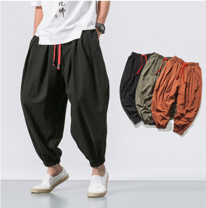 Chinese Style Japanese Style Linen Casual Pants Men's Cropped Loose Wide Leg Ankle-Tied Fat Fashion Brand plus-Sized plus Size Harem Pants