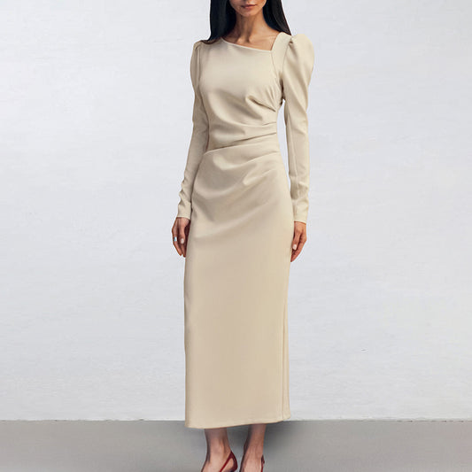 STOREXQ Russian autumn casual temperament irregular collar bubble sleeve tight split dress khaki long dress