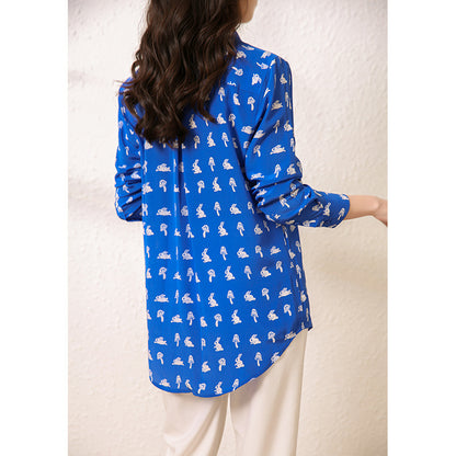 2025 Heavy silk shirt early autumn women's clothing  spring and autumn new blue printed mulberry silk shirt short top